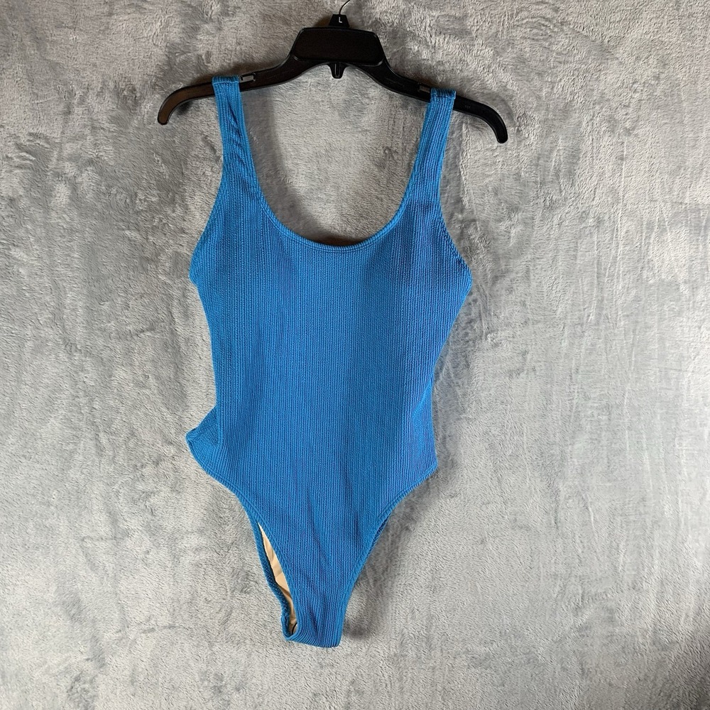 Cotton On Body Women's Swimsuit M One Piece Scoop Back Cheeky Blue Ribbed NWT